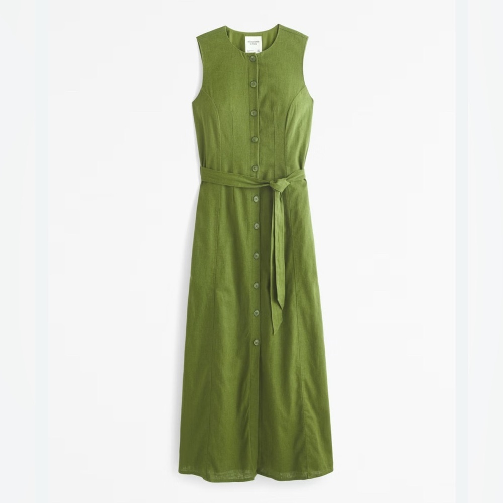 A&F Women’s Linen Blend Belted Midi Dress Green Button Front Sleeveless Summer